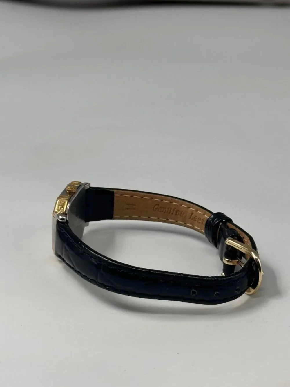 Vintage Prelude Watch Women Gold Tone Square Dial Black Leather Band New Battery